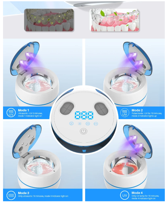 Ma boutique best ultrasonic UV dental cleaner showing UV light and ultrasonic modes for teeth cleaning