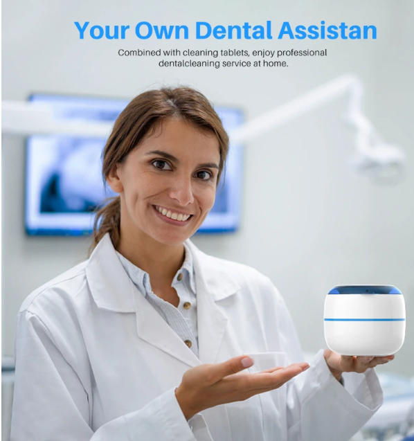 Dentist holding the best ultrasonic UV dental cleaner promoting professional dental cleaning at home