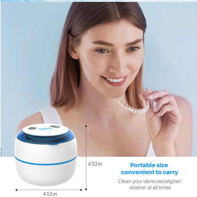 Best ultrasonic UV dental cleaner in compact portable size next to woman holding clear dental aligner