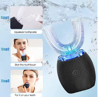 Brosse à dents électrique en forme de U avec lumière bleue et mode d'utilisation simple en trois étapes