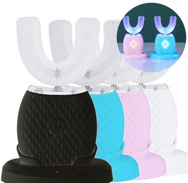 Brosse à dents électrique en forme de U disponible en noir, bleu, rose et blanc avec support de chargement
