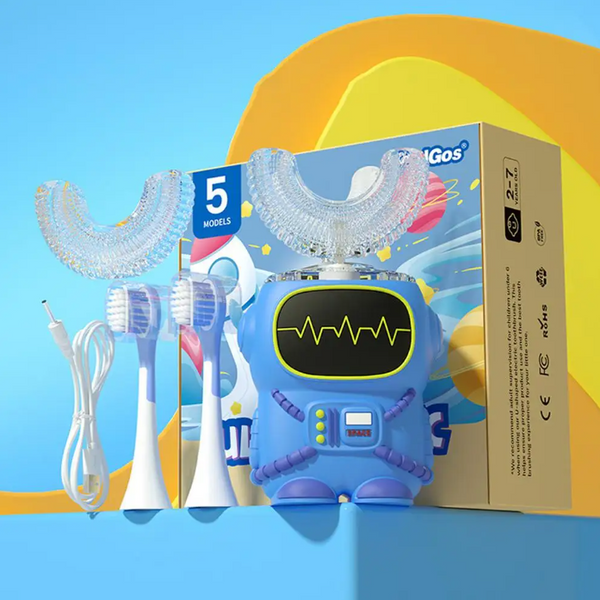 Brosse à dents électrique enfant robot bleu avec têtes de remplacement et chargeur USB