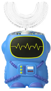Brosse à dents électrique enfant en forme de robot bleu avec embout en U transparent