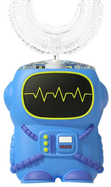 Brosse à dents électrique enfant en forme de robot bleu avec écran noir et motifs jaunes